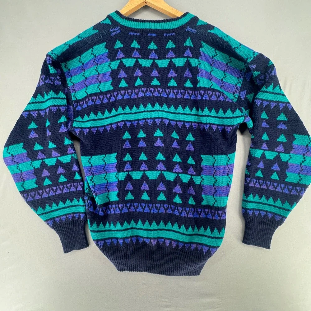 Vintage McGregor Mens Geometric Cardigan Sweater Teal Purple Navy Blue Medium